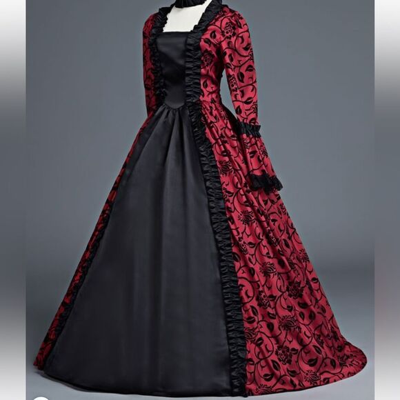 Victorian Dress Red Bow Floral Print Square Neckline Long Sleeves Matte